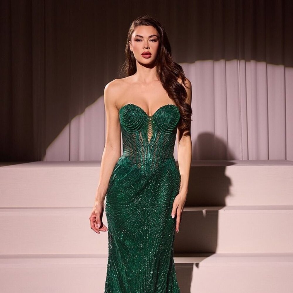 NEW LONG FORMAL SLEEVELESS MERMAID STRAPLESS GOWN EMBROIDERED WITH BEADS CD J871